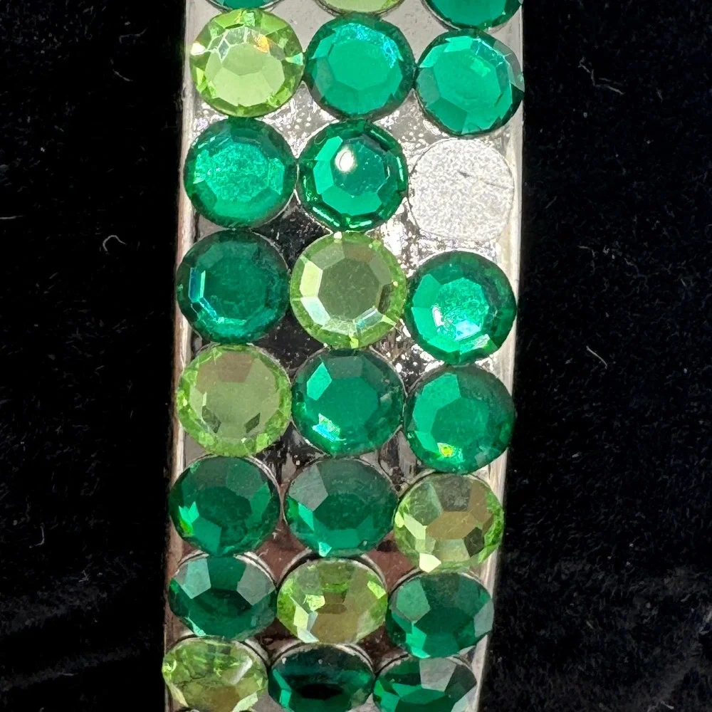 STONE Quartz Watch Green Rhinestone Bangle Silver Tone‎ Fits 5-8